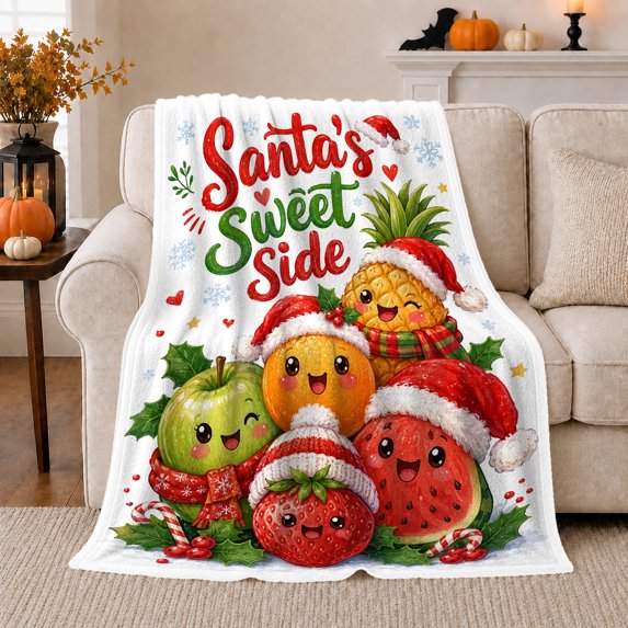 Santa'S Sweet Side Festive Fruit Holiday Design, Festive Holiday Scene, Warm Flannel Blanket for Living Room and Reading Nook, Art Lovers Christmas Gift, Festive Home Decor