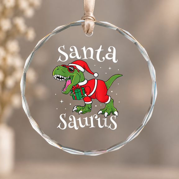 Santa Saurus Christmasaurus Dinosaur Dino Ornament, Home Decor, Circle Glass Ornament