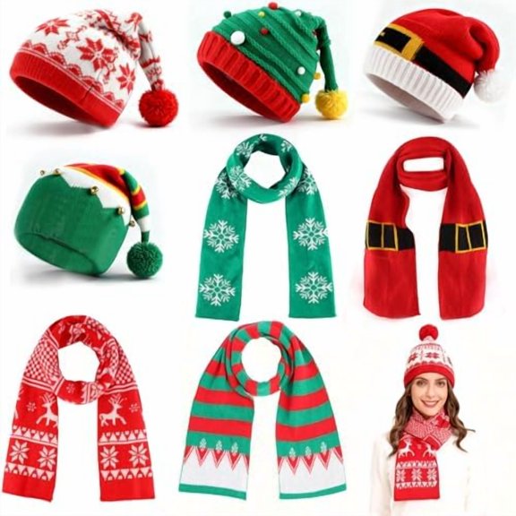 Santa Scarf Set, Elf Hat Crochet Christmas Scarf, Xmas Party Hats with Pompom, Knitted Caps for Adult Teens XAMS Photo Booth Props XAMS Gift Xmas Costume Accessories$$Home Decor, Kitchen, & Other