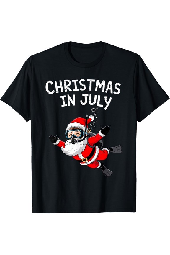 Santa Scuba Diving Christmas In July Kitty Meowy Xmas Summer T-Shirt Unisex S-5XL Hot Trending Shirt Birthday Gift