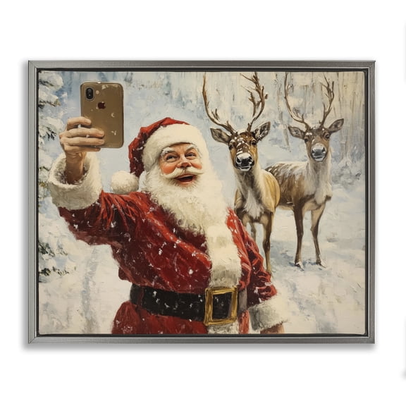 Stupell Industries Santa Selfie with Reindeer Gray Framed Floater Canvas Wall Art, design by Arlington Prints
