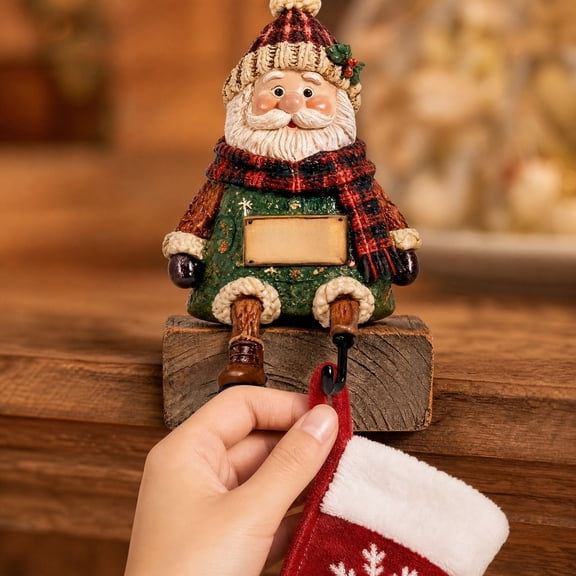 Santa Shaped Christmas Stocking Holder, Plaid Style Mantel Hanging Hook, Festive Resin Decor for Xmas Holiday Home Fireplace Party
