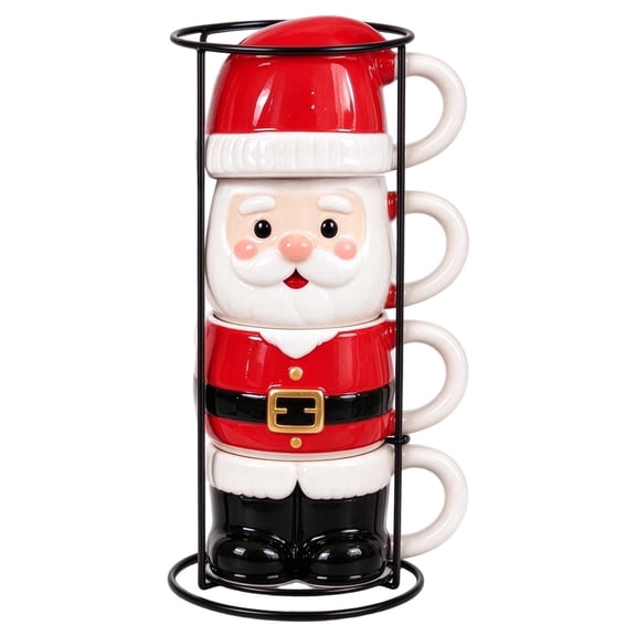 Santa Shaped Novelty Mug Stack,Set of 4 Handcrafted Mugs for Coffee, Tea, or Espresso,Excellent Decor or Entertainment set for the Christmas Holiday Decor or Gift