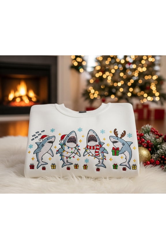 Santa Shark Christmas Embroidered Sweatshirt, Funny Embroidered Shark Xmas Sweater, Cute Holiday Sea Animal Shirt, Shark Lover Gift