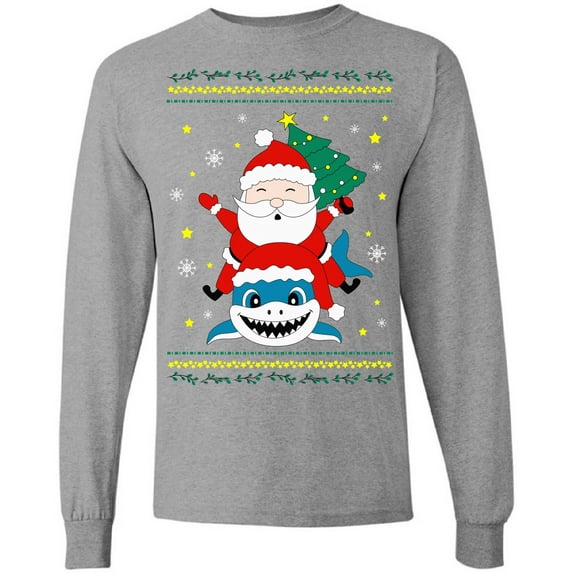 Santa with Shark T-Shirt for Men Long Sleeve Ugly Christmas Sweatshirt - S M L XL 2XL Xmas Graphic Tee - Christmas Mens Shirt Graphic Tee Xmas Gifts for Him