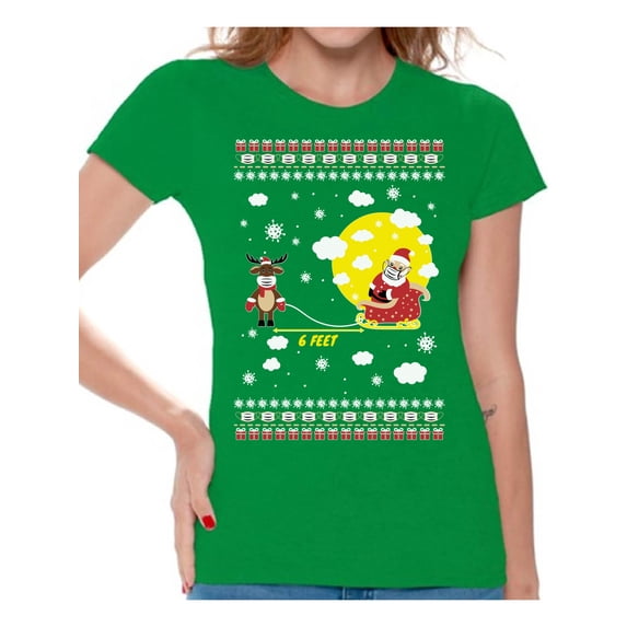 Santa Shirt for Women Christmas Tee for Her Merry Christmas T-Shirt Funny Santa's Reindeer T Shirts for Sister Mom Wife Six Feet Deer Top Xmas Gifts Happy Holidays T Shirt Xmas 2020 Outfit