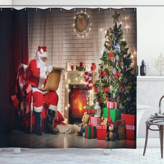 Santa Shower Curtain, Old Santa Claus Sitting at Home at Christmas Night Reading a Letter Near the Tree, Fabric Bathroom Set with Hooks, 69W X 70L Inches, Multicolor, by Ambesonne