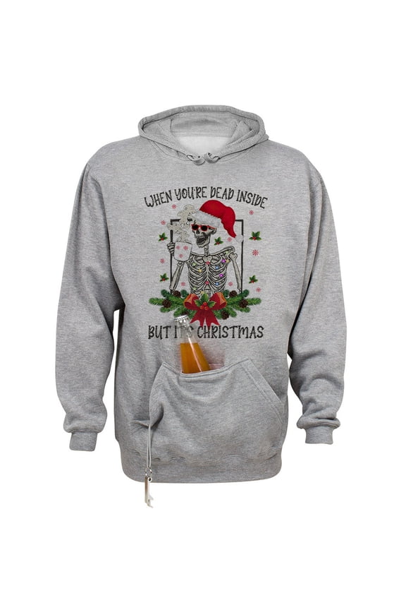 Santa Skeleton Dead Inside Beer Holder Tailgate Hoodie Sweatshirt Unisex 2X-Large Oxford