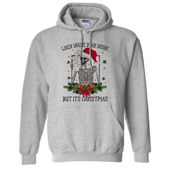Santa Skeleton Dead Inside Hoodie Sweatshirt Unisex X-Large Grey