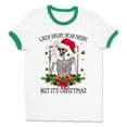 thumbnail image 1 of Santa Skeleton Dead Inside Ringer Tee Shirt Unisex 2X-Large White/Kelly Green, 1 of 5