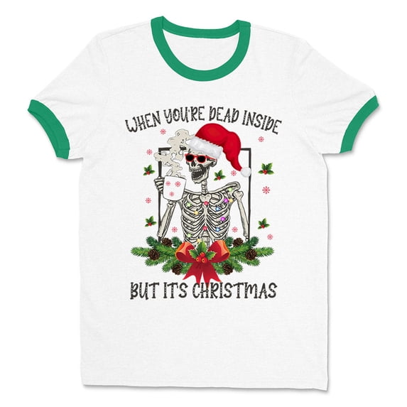 Santa Skeleton Dead Inside Ringer Tee Shirt Unisex 2X-Large White/Kelly Green