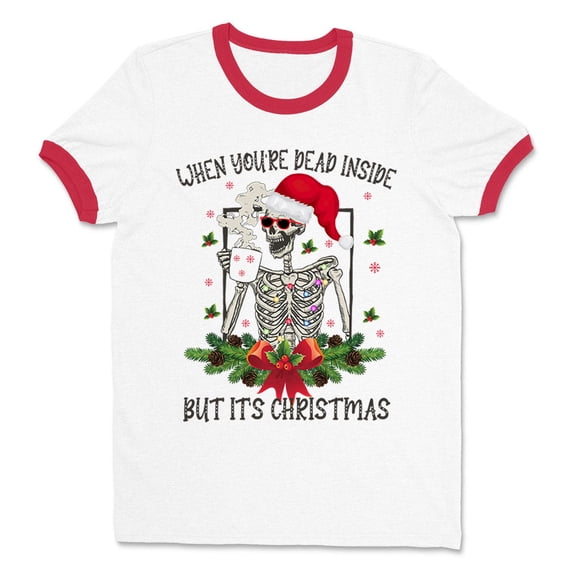 Santa Skeleton Dead Inside Ringer Tee Shirt Unisex Large White/Red