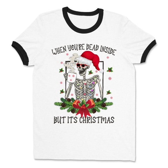 Santa Skeleton Dead Inside Ringer Tee Shirt Unisex Small White/Black