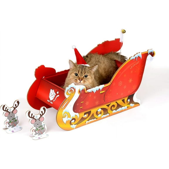 Santa Sleigh Cat Scratcher | Christmas Cat Scratcher with Santa Hat and Reindeer | Holiday Cat Scratch Pad | Cardboard Cat Scratcher Toy with Grooming Brush | Cat Scratchers for Indoor Cats