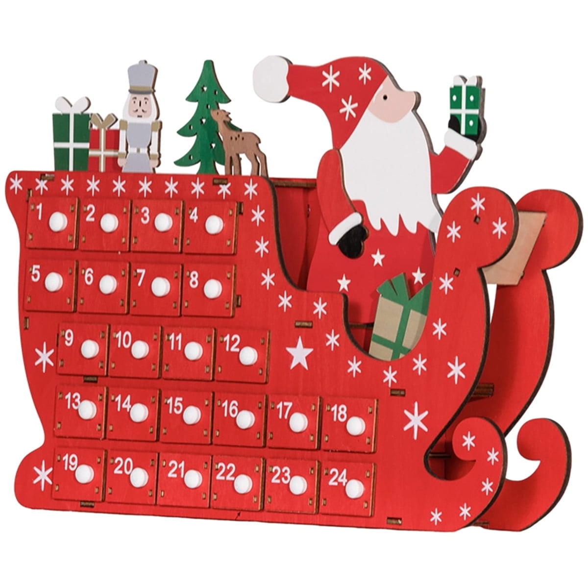 Santa Sleigh Christmas Advent Calendar 24-Day Drawer Style Countdown Decor for Desks Mantles Fireplaces Holiday Treat Storage Red