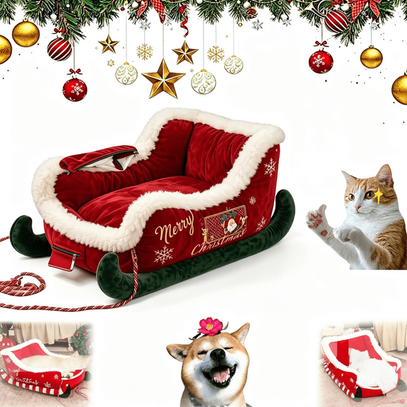 Santa Sleigh Christmas Dog Bed, Plush Calming Pet Sofa for Small Dogs Cats, Washable Winter Holiday Bed with Non-Slip Base