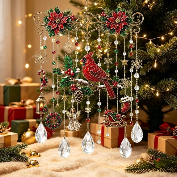 Santa Sleigh Christmas Window Hanging with Crystal Pendants - Festive Holiday Decor with Poinsettia, Reindeer & Miniature Village