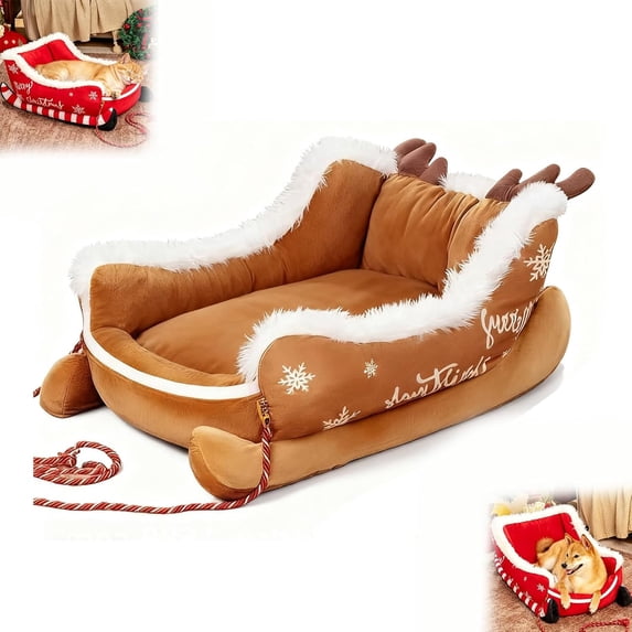 Santa Sleigh Dog Bed Funny Holiday Christmas Tree Bed Sofa for Cat Pet, Brown Winter Christmas Dog Cat House Nest Couch with Non Slip Base Xmas Soft Plush Washable for Indoor Outdoor