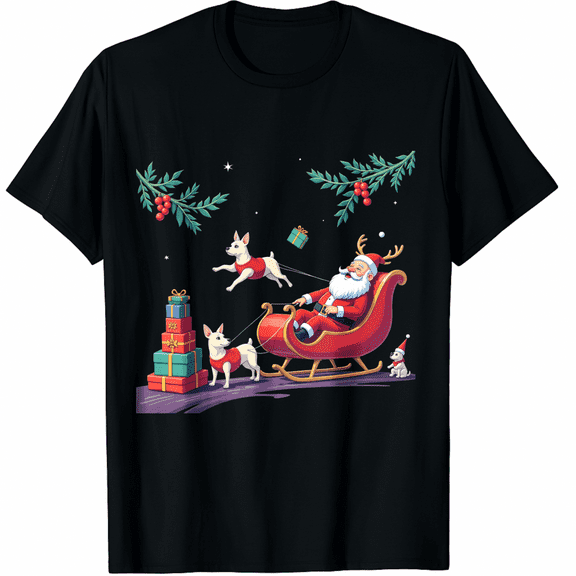 Santa Sleigh French Bulldog Reindeer Christmas Womens Mens Short Sleeve T-Shirt