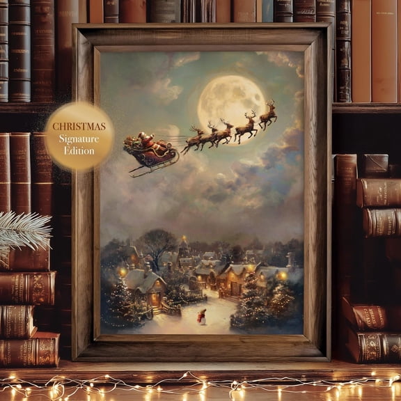 Santa Sleigh Moonlight Wall Art, Christmas Village Wall Art