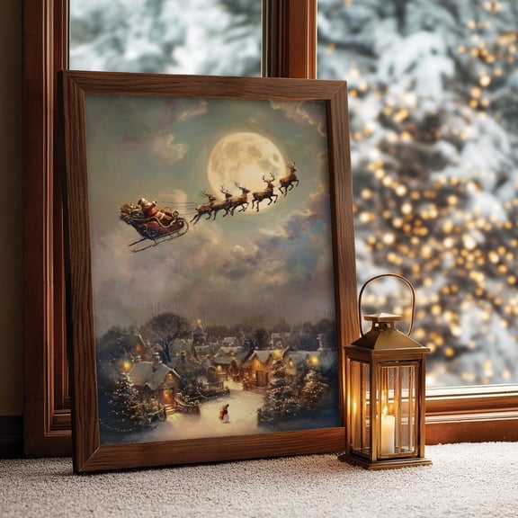 Santa Sleigh Moonlight Wall Art, Vintage Christmas Wall Art