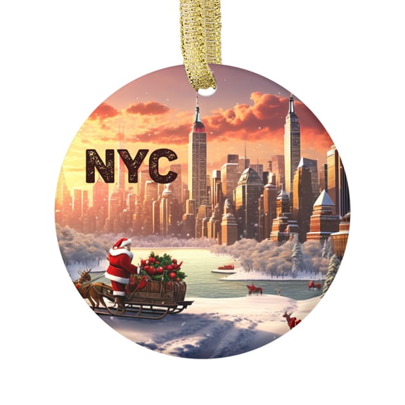 Santa Sleigh NY, New York City Empire State Building Skyline NYC Snow Manhattan USA Travel Memory Souvenir Landmark Vacation Keepsake Ceramic Christmas Ornament Xmas Holiday Tree Gift
