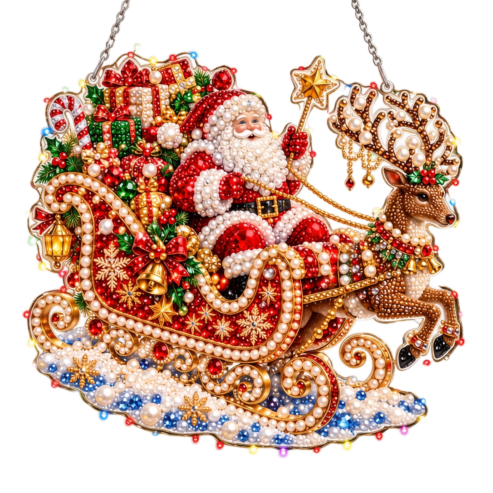 Santa Sleigh Pearl Diamond Painting with Led Lights, Red and Gold ...