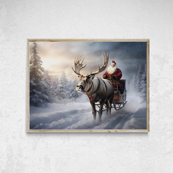 , Santa Sleigh Print, Reindeer Print, Winter Landscape Print, Snowy Trees Print, Wall Decor, Santa Print Wall Art, Modern Wall Decor, 24x36 UNFRAMED