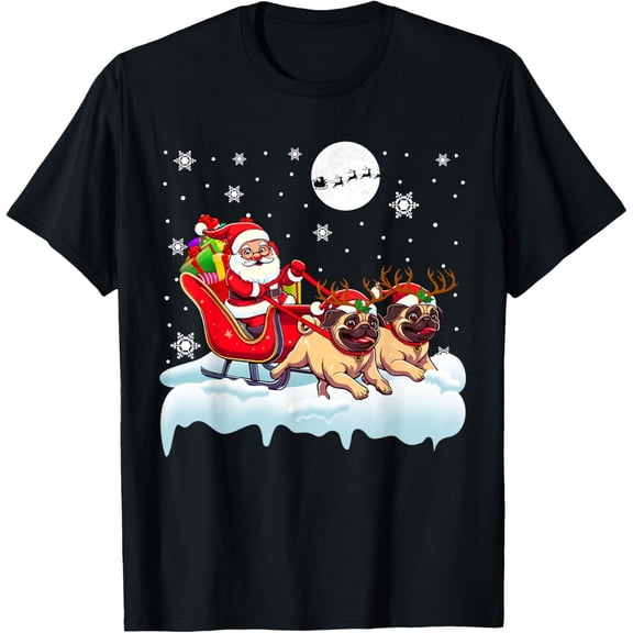 Santa Sleigh Reindeer Pugs Christmas Matching Owner adult T-Shirt