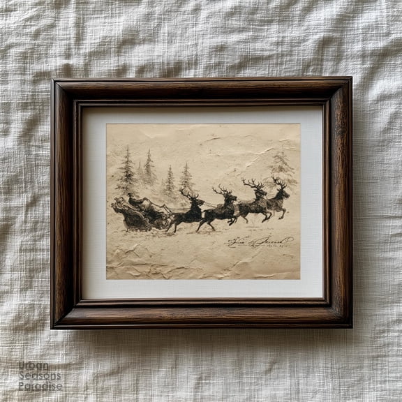 Santa Sleigh Reindeer Wall Art Print Old World Christmas Decor