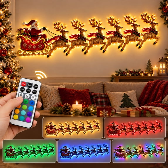 Led Remont Santa Sleigh,Remote Control Illuminated Wooden Santa Sleigh Wall Decor ...