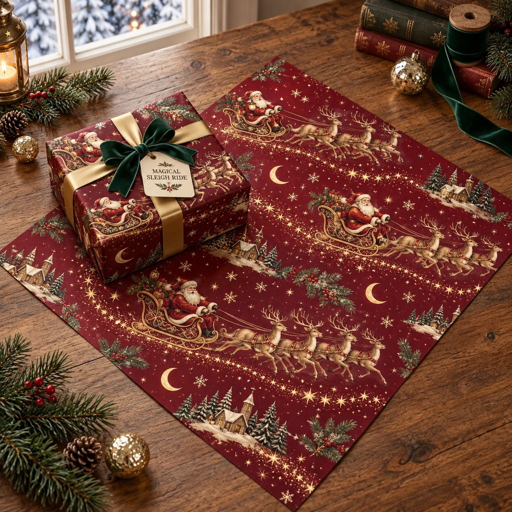 Slay Rider Santa Sleigh Ride Wrapping Paper, Deep Red Gold Christmas Gift Wrap ...