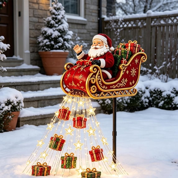 Santa Sleigh Solar Garden Stake Light, Flowing LED Christmas Yard Decor with Cascading Stars, Candy Canes & Gifts, Outdoor Lawn & Garden Decoration