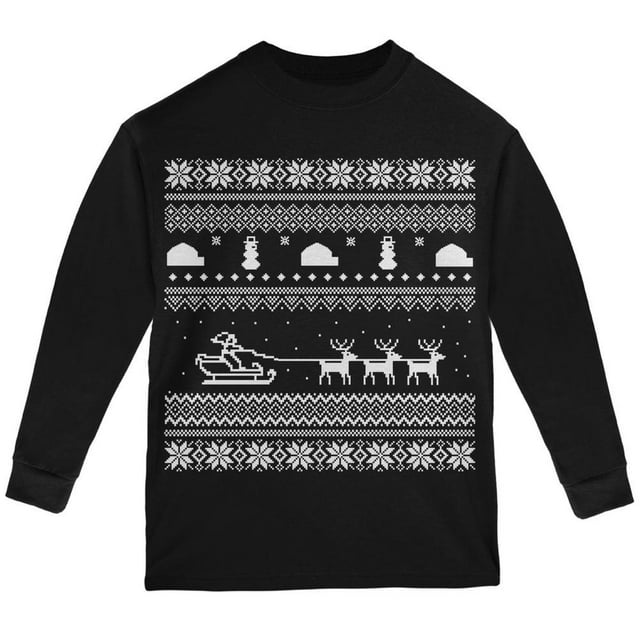 Santa Sleigh Ugly Christmas Sweater Black Youth Long Sleeve T-Shirt