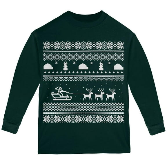 Santa Sleigh Ugly Christmas Sweater Forest Youth Long Sleeve T-Shirt - Youth Medium