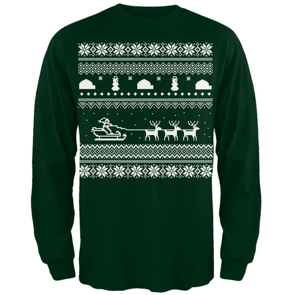 Santa Sleigh Ugly Christmas Sweater Green Long Sleeve T-Shirt - Medium