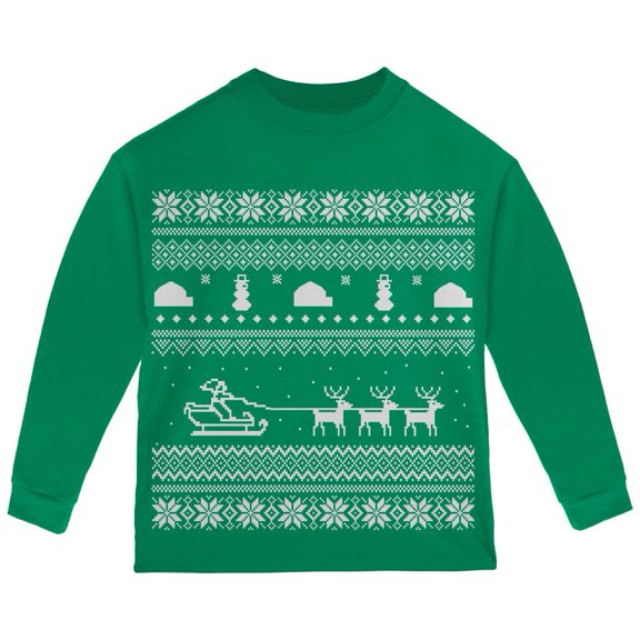 Santa Sleigh Ugly Christmas Sweater Green Toddler Long Sleeve T-Shirt - 2T