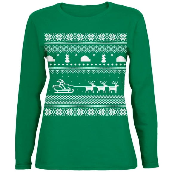 Santa Sleigh Ugly Christmas Sweater Green Womens Long Sleeve T-Shirt - Small