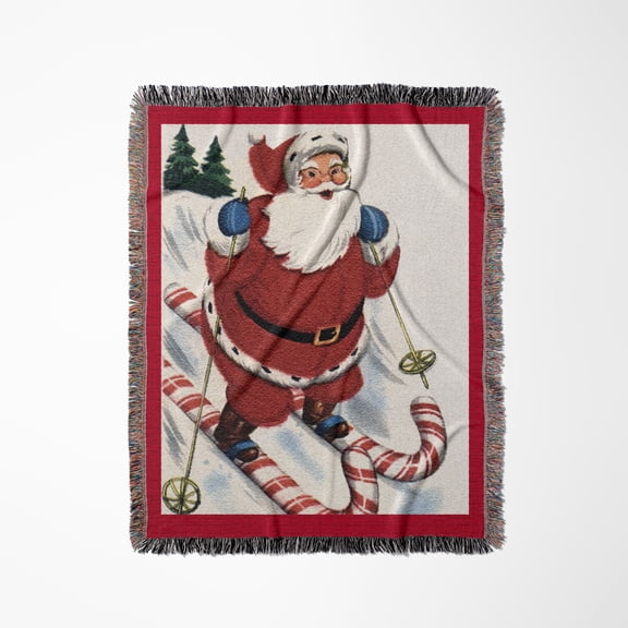 Santa Snow Skiing On Candy Cane Skis , Woven Blanket