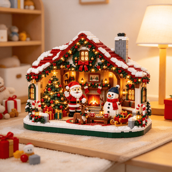 Santa Snowman Christmas House Building Set, Light Up Cabin Construction Blocks, Plastic Holiday Model Kit, Festive Christmas Decor for Indoor Home Display
