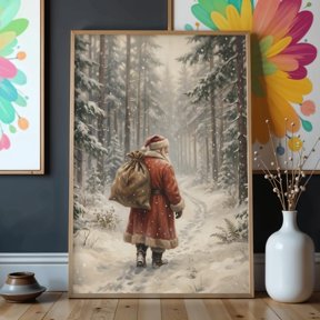 Santa Snowy Forest Wall Art Print Rustic Holiday Decor