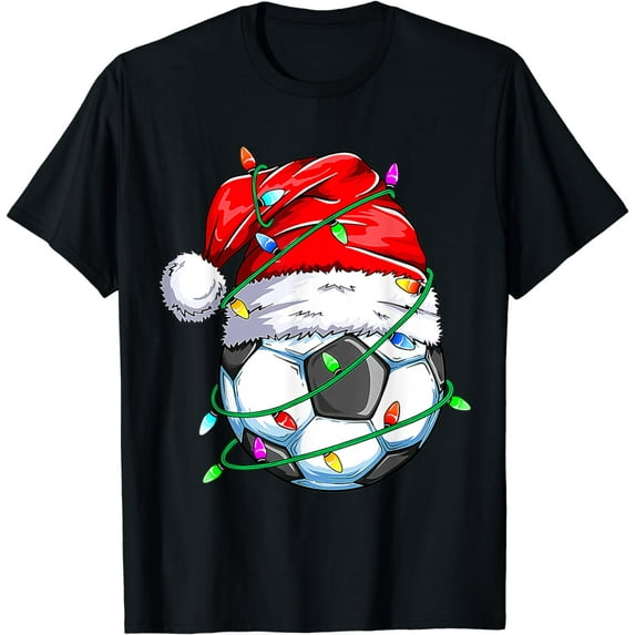 Santa Soccer Sports Ball Men Boys Christmas Xmas Lights T-Shirt