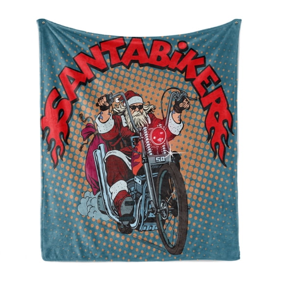 Santa Soft Flannel Fleece Blanket, Biker Santa Claus Riding a Motorcycle Pop Art Retro Style Background Halftone Effect, Cozy Plush for Indoor and Outdoor Use, 60" x 80", Multicolor, by Ambesonne