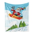 thumbnail image 1 of Santa Soft Flannel Fleece Blanket, Cartoon Style Santa Doing a Jump on Snowboard Snow Covered Mountains and Pine Trees, Cozy Plush for Indoor and Outdoor Use, 60" x 80", Multicolor, by Ambesonne, 1 of 6