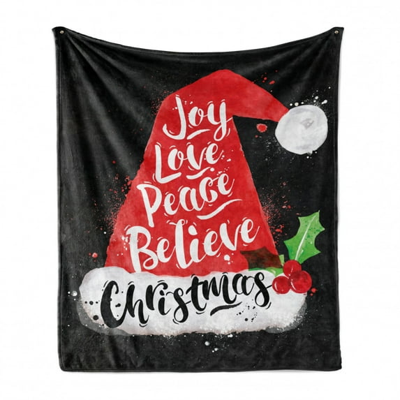 Santa Soft Flannel Fleece Blanket, Xmas Hat with Lettering Joy Love Peace Believe Watercolor Drawing Style Vintage, Cozy Plush for Indoor and Outdoor Use, 50" x 70", Black Red White, by Ambesonne