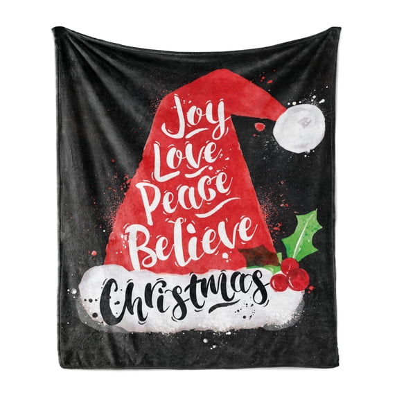 Santa Soft Flannel Fleece Blanket, Xmas Hat with Lettering Joy Love Peace Believe Watercolor Drawing Style Vintage, Cozy Plush for Indoor and Outdoor Use, 70" x 90", Black Red White, by Ambesonne
