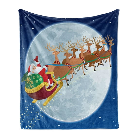 Santa Soft Flannel Fleece Throw Blanket, Christmas Night Scenery Claus on His Sledge Flying to the Moon, Cozy Plush for Indoor and Outdoor Use, 70" x 90", Multicolor, by Ambesonne