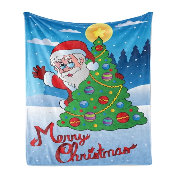 Santa Soft Flannel Fleece Throw Blanket, Santa Claus Waving Hello Behind a Colorful Xmas Pine Tree in Snowy Forest, Cozy Plush for Indoor and Outdoor Use, 60" x 80", Multicolor, by Ambesonne