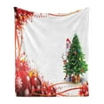 thumbnail image 1 of Santa Soft Flannel Fleece Throw Blanket, Father Christmas and Reindeer Smiling Behind a Pine Tree in Red Balls Frame, Cozy Plush for Indoor and Outdoor Use, 50" x 60", Multicolor, by Ambesonne, 1 of 5