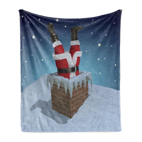 Santa Soft Flannel Fleece Throw Blanket, Father Christmas Stuck in the Chimney on Snow Covered Rooftop and Starry Night Sky, Cozy Plush for Indoor and Outdoor Use, 50" x 70", Multicolor, by Ambesonne